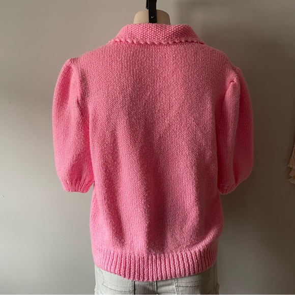 Handmade Vintage Bubblegum Pink Knit Polo Sweater Puff Sleeve Retro Size XL - Picture 2 of 7